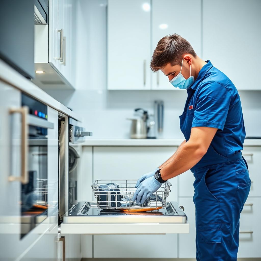 Technician repairing a dishwasher